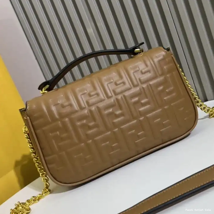 Affordable In Brown Leather Chain Midi Fendi Bag FF Nappa Motif Baguette 0524